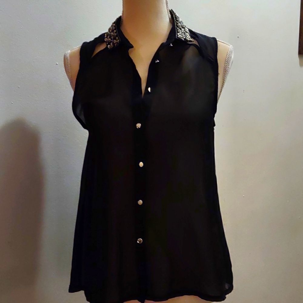 Lime Blue, size M,‎ black sheer button top, sequined collar, excellent condition